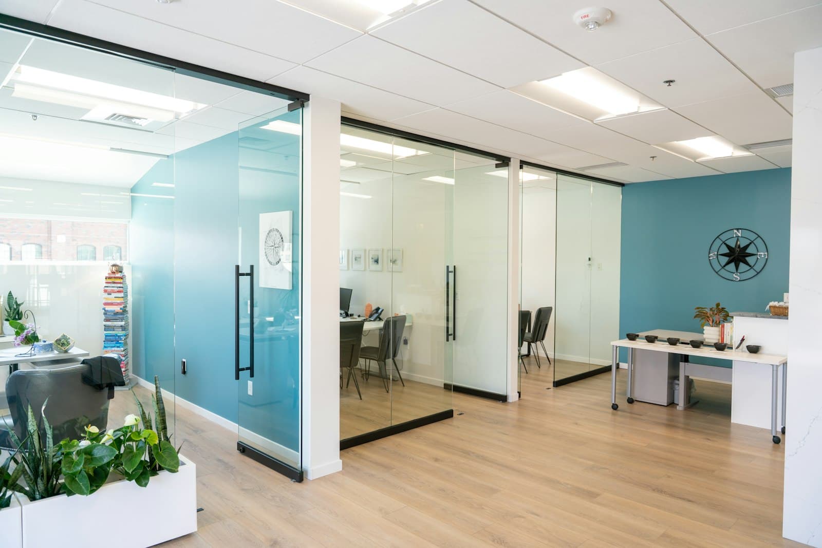 Modern office with cool blue and teal tones