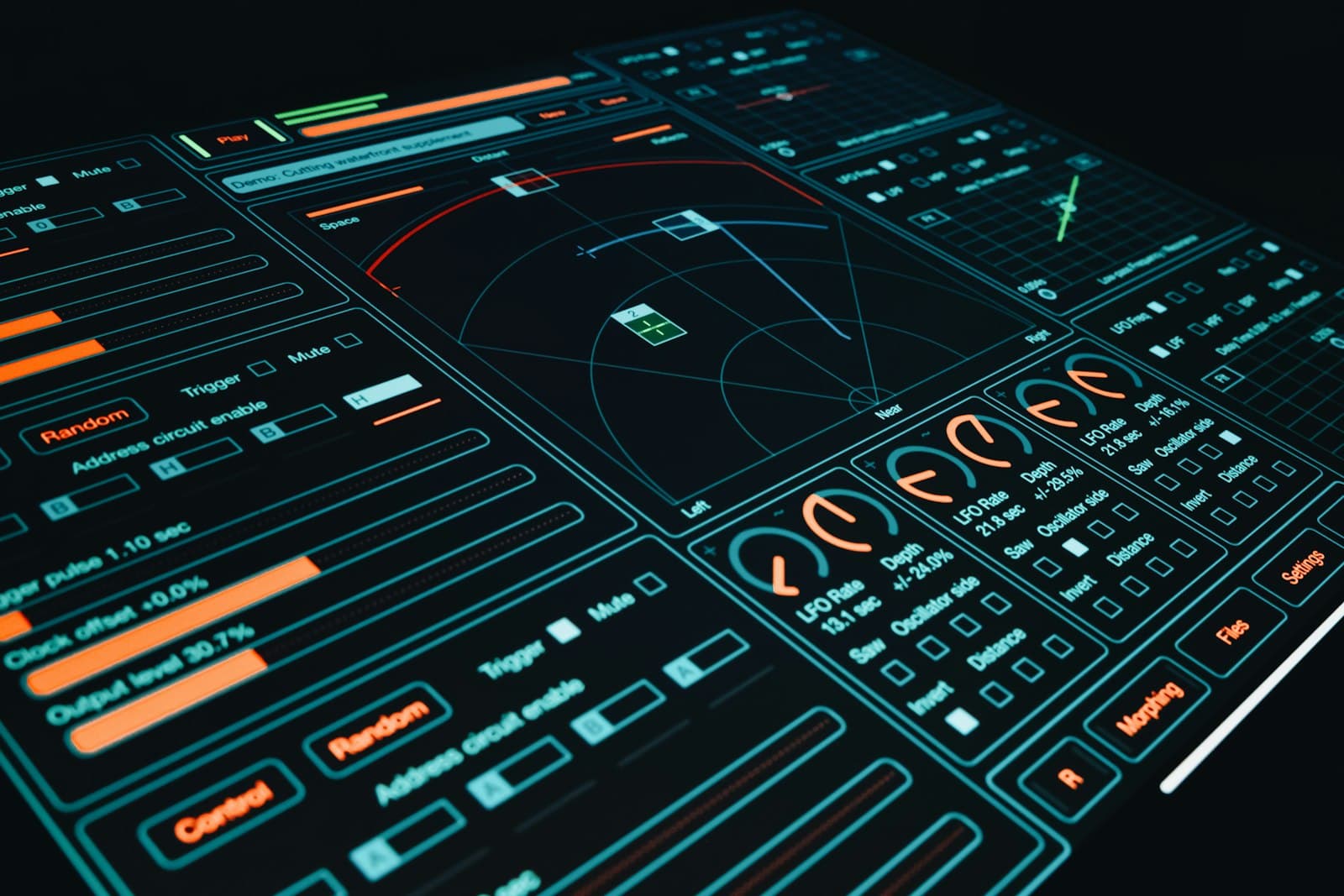 A futuristic high-tech dashboard displaying intricate real-time AI performance metrics, data visualizations with glowing lines and teal nodes.